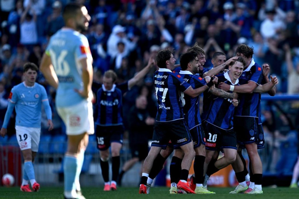 Lachlan Bayliss of Auckland FC celebrates after scoring a goal at Go Media Stadium.