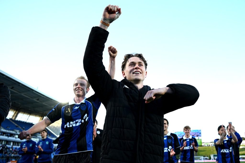 Lachlan Bayliss of Auckland FC celebrates after winning the round one A-League Men match between Auckland FC and Melbourne City at Go Media Stadium.
