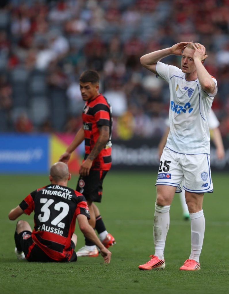 Francis de Vries of Auckland FC reacts at CommBank Stadium.